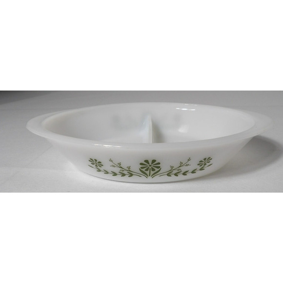 Vintage Glasbake White Green Daisy Flower Oval Divided Casserole Dish Qt - Picture 1 of 11
